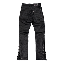 Load image into Gallery viewer, BLACK BOTTOM LACED WAX DENIM PANTS
